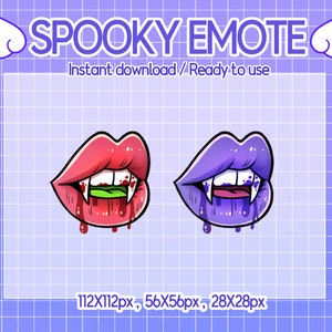 Puede incluir: Dos ilustraciones digitales de colmillos de vampiro y sangre goteando. La primera es roja con colmillos verdes y la segunda es morada con colmillos blancos. El texto "SPOOKY EMOTE" está en la parte superior de la imagen. "Descarga instantánea / Listo para usar" está debajo del texto. "112X112px, 56X56px, 28X28px" está en la parte inferior de la imagen.