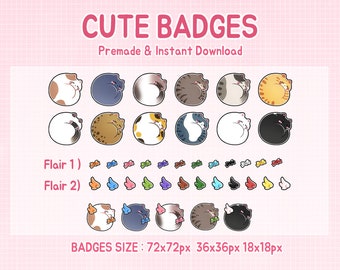 May include: A set of 12 cute cat badges in various colors and poses. The badges are premade and available for instant download. The badges are available in three sizes: 72x72 pixels, 36x36 pixels, and 18x18 pixels.