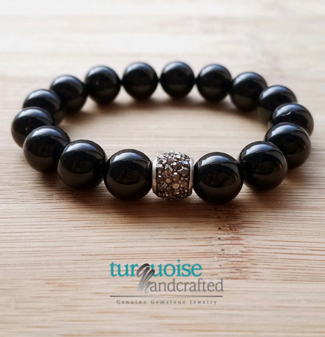Pulsera De Turmalina Negra Y Plata 925 Hecha A Mano - Cuentas De 6mm, Ajustable 18-19cm, Con Letra Personalizada, Regalo En Caja