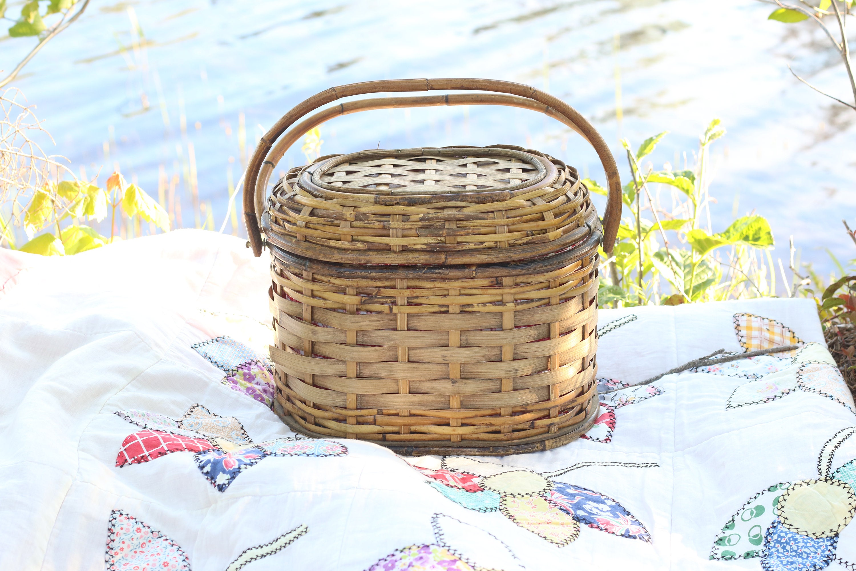 Woven Picnic Basket with quilted gingham lining Etsy