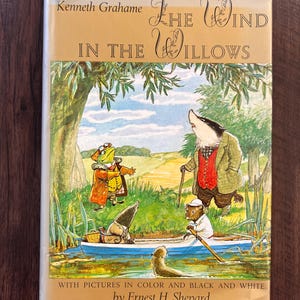 May include: A vintage copy of "The Wind in the Willows" by Kenneth Grahame, illustrated by Ernest H. Shepard. The book cover displays a vibrant illustration of animal characters in a river setting. The book has a cream-colored background.