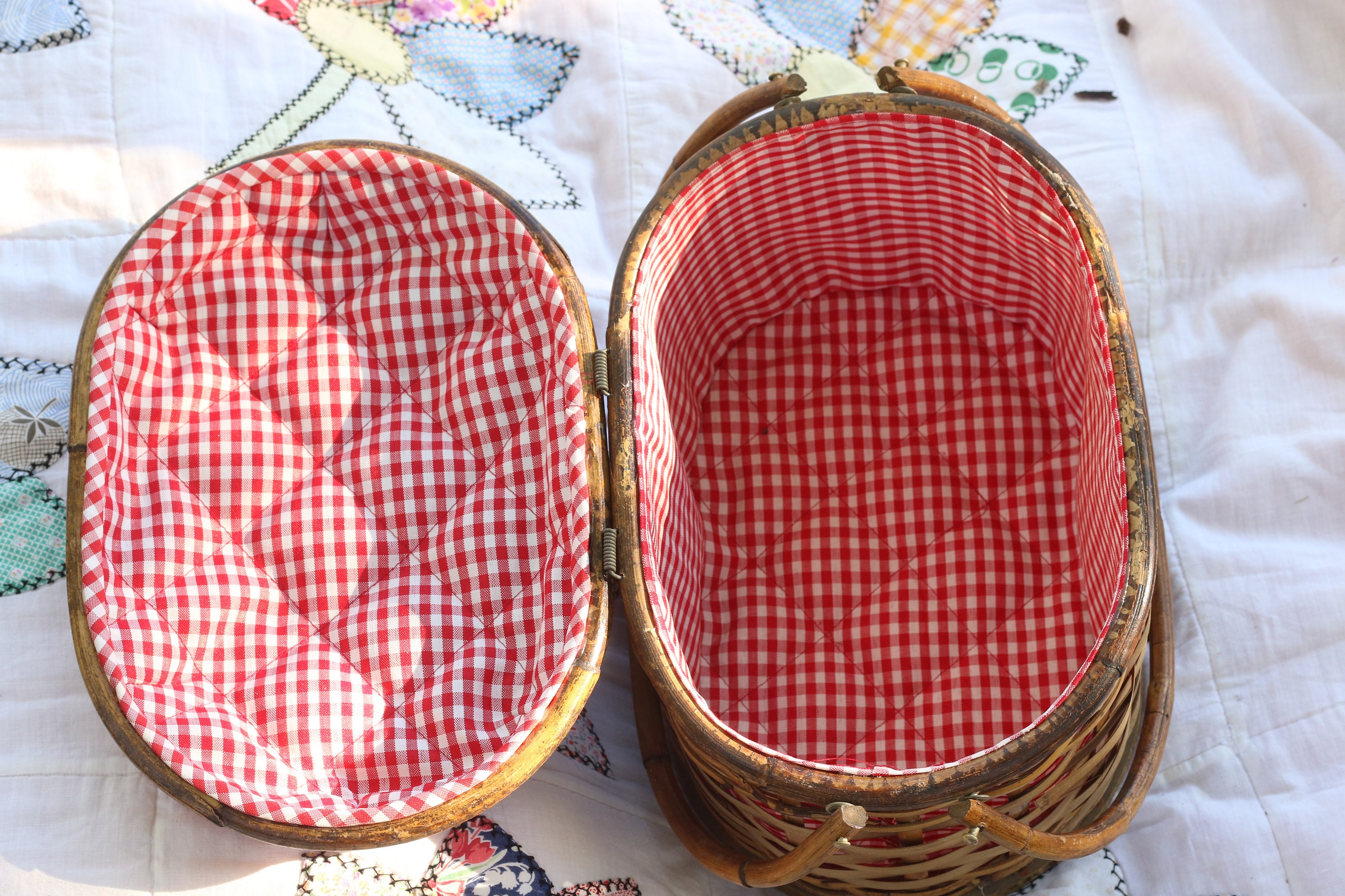 Woven Picnic Basket with quilted gingham lining Etsy