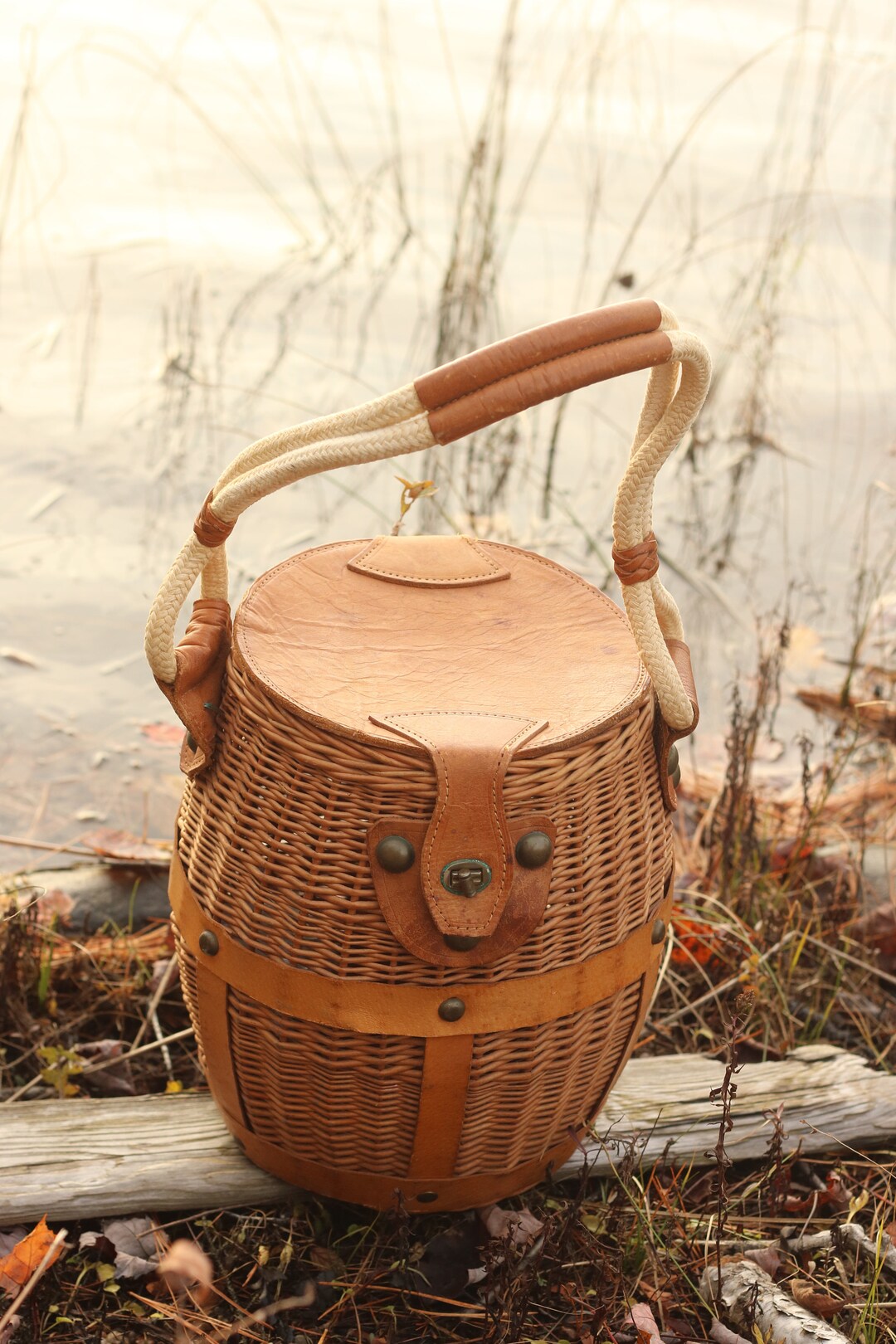 Vintage Wicker Fishing Basket Creel Leather Top Etsy