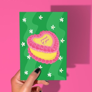Carte de voeux gâteau Fier de vous - Carte de félicitations Carte de remise des diplômes Bravo Gâteau aux cerises rétro Carte coeur Nouvel emploi Carte Célébration