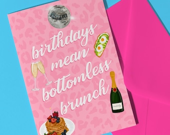 Karta urodzinowa bez dna brunch dla niej Karta okolicznościowa dla przyjaciela partnera Ręcznie robiona karta Urodziny oznaczają kartę bez dna brunch różowy lampart
