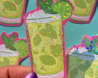 Mojito Cocktail Holographic Sticker - Vinyl Art Sticker Cocktail Illustration Laptop Water Bottle Decal Junk Journal Sticker Laptop