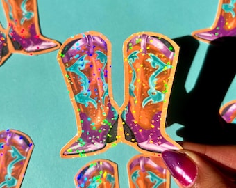Cowboy Boots Holographischer Aufkleber - Cowboy Geschenk Laptop Wasserflasche Aufkleber Journal Country Musik Geschenk Aufkleber Cowboy Boots Vinyl Geschenk Cowgirl