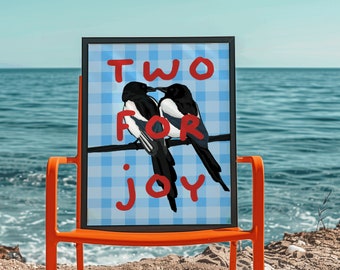 Two for Joy Magpie Print - Blue Modern Wall Decor Art Print Funny Kitchen Bedroom Art Quote Print Gift for Bird Lover Print Bird Lucky Print