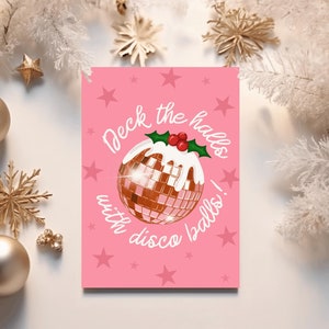 Addobba le sale con le palle da discoteca Biglietto di Natale - Biglietto di Natale per la migliore amica Biglietto di auguri retrò per le vacanze per lei Biglietto di Natale eccentrico Disco di Natale Rosa