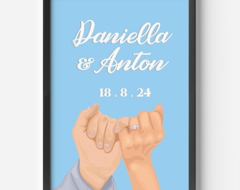 May include: A light blue printable poster with the text "Daniella & Anton 18.8.24" and an illustration of two hands intertwined with a ring on one finger.