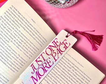 Just One More Page Holographic Tassle Bookmark - Vinyl Art Bookmark Literary Gifts Book Lover Gifts Tassle Bookmark Reading Romantasy Book
