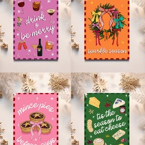 May include: Four Christmas-themed greeting cards. One card says "drink & be merry" with illustrations of cocktails. Another says "sparkle season" with a wreath. The third says "mince pies before guys" with mince pies. The last says "tis the season to eat cheese" with cheese.
