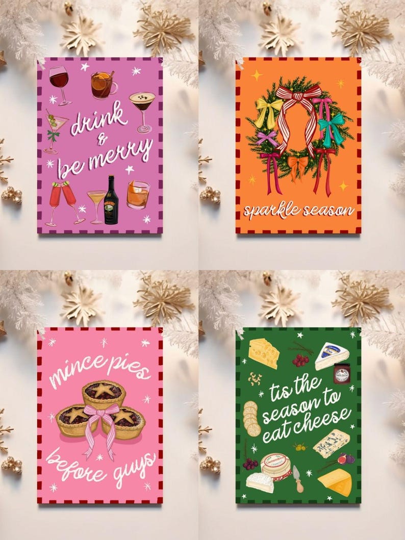 May include: Four Christmas-themed greeting cards. One card says "drink & be merry" with illustrations of cocktails. Another says "sparkle season" with a wreath. The third says "mince pies before guys" with mince pies. The last says "tis the season to eat cheese" with cheese.