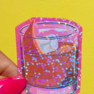 Adesivo olografico per cocktail vecchio stile - Adesivo in vinile con illustrazione di cocktail, adesivo per bottiglia d'acqua per laptop, adesivo per diario spazzatura per laptop