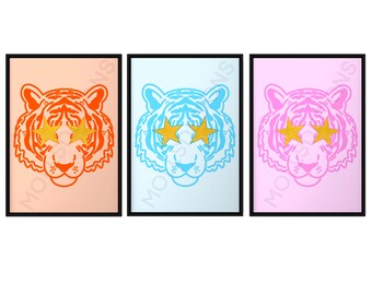 Preppy Star Eyed Leopard Wall Art Pack (Digital Download), Preppy Wall Art, Room Decor, Poster Print, Prints, Preppy, Wall Art