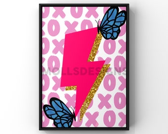 Pink XOXO Lightning Bolt with Butterflies (Digital Download), Preppy Wall Art, Room Decor, Poster Print, Prints, Preppy, Wall Art