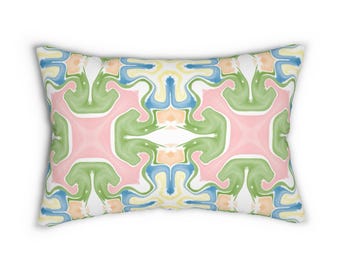 Pink, Blue, and Green Lumbar Abstract Pillow | Dorm Decor for College Girls | Home and Apartment Decor | Throw Pillows for Couch