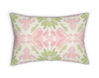 Pink and Green Watercolor Abstract Lumbar Pillow | Dorm Decor for College Girls | Home and Apartment Decor | Throw Pillows for Couch