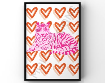 Preppy orange and Pink Tiger and Heart Abstract (Digital Download), Preppy Wall Art, Room Decor, Poster Print, Prints, Preppy, Wall Art