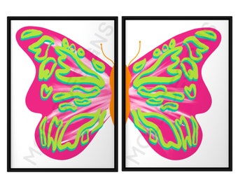 Quadro da parete Preppy Neon Split Butterfly (Download digitale), Arte da parete Preppy, Decorazione per la stanza, Stampa poster, Stampe, Preppy, Arte da parete