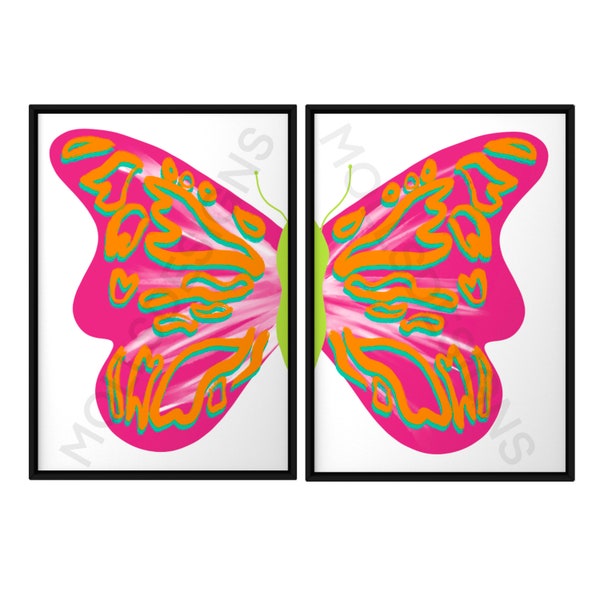 Preppy Neon Split Butterfly Wall Art (Digital Download), Preppy Wall Art, Room Decor, Poster Print, Prints, Preppy, Wall Art