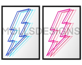 May include: Two framed prints with a white background and a layered lightning bolt design. The lightning bolt in the left frame is blue and light blue. The lightning bolt in the right frame is pink and red.