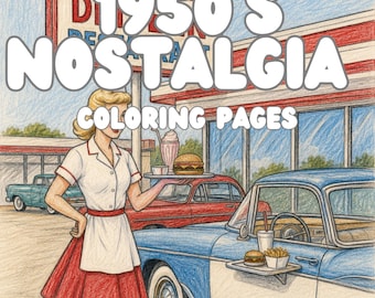 Vintage 1950s Coloring Book Printable for Adults | Retro Americana Coloring Pages | Mid Century Nostalgia Digital Download