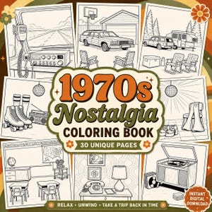 Op de afbeelding: Een kleurboek getiteld 1970s Nostalgia Coloring Book 30 Unique Pages met diverse lijntekeningen, waaronder een CB-radio, een stationwagen, een camper, rolschaatsen, een klaslokaal, een woonkamer en een platenspelerconsole.