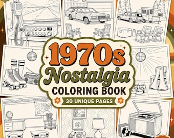 1970s Nostalgia Coloring Book | Retro Disco, Drive-In, Roller Skating Scenes (Digital Download)