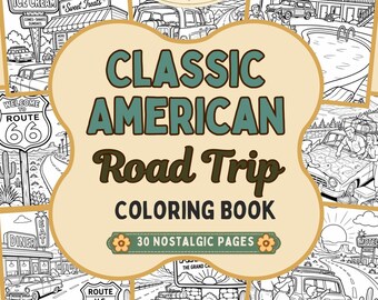 Classic American Road Trip Coloring Book | Route 66 Nostalgia Coloring Pages | Vintage Motels Diners & Roadside Attractions | Printable PDF