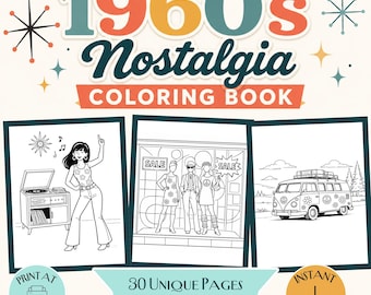 1960s Nostalgia Coloring Book Printable for Adults | Mid-Century Modern Coloring Pages | Vintage Relaxing Activity | Instant Download