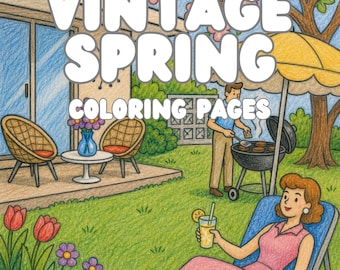Retro Spring Coloring Pages Printable PDF | 30 Spring Coloring Pages for Adults | Retro Easter & Country Life Scenes |  Digital Download