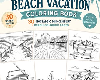 Vintage Beach Vacation Coloring Book Printable for Adults | Retro Summer Coloring Pages | Coastal Nostalgia Digital Download