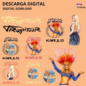 Puede incluir: Diseños gráficos de descarga digital con el texto "DESCARGA DIGITAL" y "DIGITAL DOWNLOAD". Los diseños incluyen el texto "TROPITOUR", "Viajando Por El Mundo", y el nombre "KAROL G", junto con ilustraciones de una mujer.