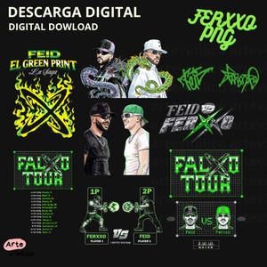 May include: Digital download graphic featuring images of two men, text, and illustrations. The text includes "DESCARGA DIGITAL," "DIGITAL DOWNLOAD," "FEID," "EL GREEN PRINT," "La Saga," "FERXXO png," and "FALXO TOUR."