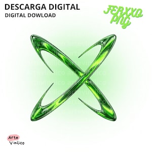 Puede incluir: Gráfico de descarga digital con una forma de X verde estilizada e entrelazada con un acabado brillante. La imagen incluye el texto "DESCARGA DIGITAL" y "DIGITAL DOWLOAD" en la parte superior, y "Arte Vinilico" en la parte inferior. Un logo verde "FERXXO PNG" está en la parte superior derecha.