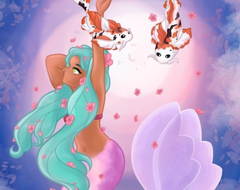 Impression sirène « Cherry Blossom »/Art/impressions d'art/Art numérique/Sirènes/Créatures fantastiques/Océan/Art amusant/Enfants/iPad/Fleurs de cerisier