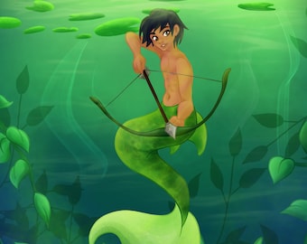 Impression triton « Impression verte »/Art/Art amusant/Imprimés/Imprimés artistiques/Enfants/Art numérique/Vert/Créatures fantastiques/Sirènes/Océan/iPad/Stylo Apple/Sirène