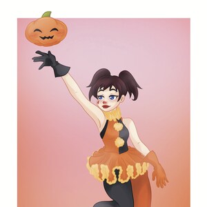 May include: A woman dressed as a clown in an orange and black costume with a yellow ruffle skirt, holding a carved pumpkin in her right hand. The background is a light pink.