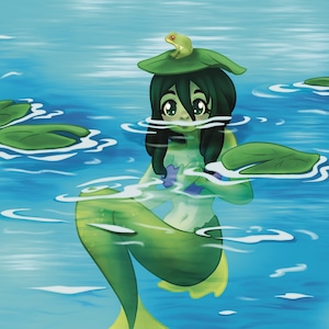 May include: A green mermaid with long dark hair sits in a blue pond with lily pads. A small green frog sits on a lily pad on her head. The mermaid's tail is yellow and green.