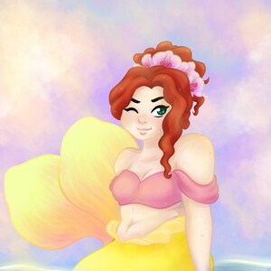 May include: A mermaid with long red hair and a flower crown, wearing a pink top and a yellow tail, is swimming in blue water with a light blue sky in the background.