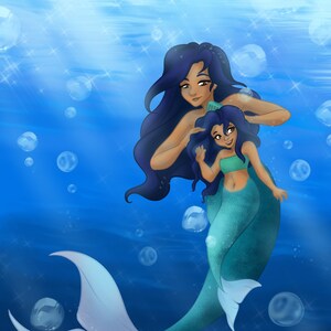 May include: Two mermaids with long blue hair, one brushing the other's hair. The mermaid in the foreground has a teal tail and the mermaid in the background has a white tail. They are surrounded by bubbles in a blue ocean.