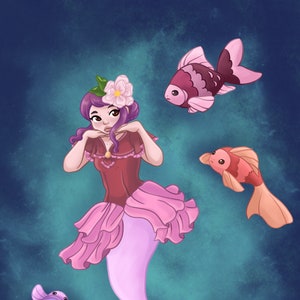 May include: A pink mermaid with purple hair and a flower crown is surrounded by three goldfish. The mermaid is wearing a red dress with a pink skirt. The goldfish are pink, orange, and purple.