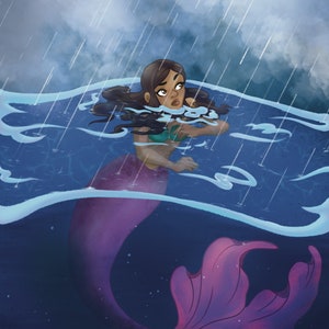 May include: A mermaid with long dark hair and a purple tail swims in the ocean. Rain falls from the stormy sky above.