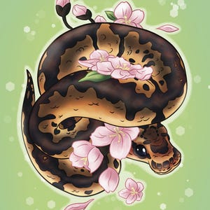 May include: A brown and black snake with a cute face is curled up with pink cherry blossoms. The snake is surrounded by pink petals and green leaves. The background is a light green colour.
