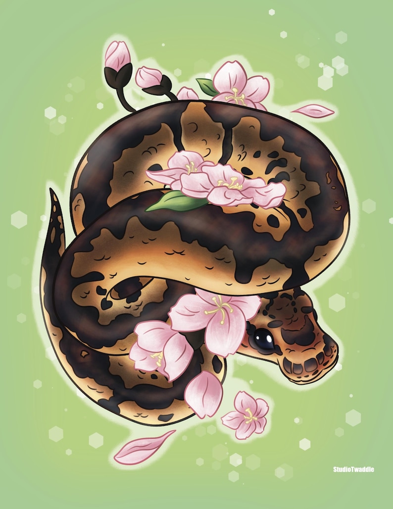 Peut inclure: Un serpent brun et noir avec un visage mignon est enroul&eacute; avec des fleurs de cerisier roses. Le serpent est entour&eacute; de p&eacute;tales roses et de feuilles vertes. L'arri&egrave;re-plan est de couleur vert clair.