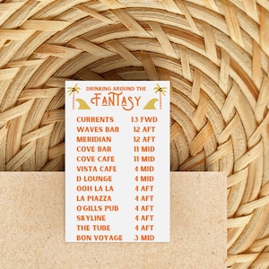 Könnte beinhalten: Eine weiße Karte mit orangefarbenem Text, auf der die Namen von Bars und Restaurants mit ihren entsprechenden Zeiten aufgelistet sind. Die Karte trägt den Titel "Drinking Around the Fantasy".