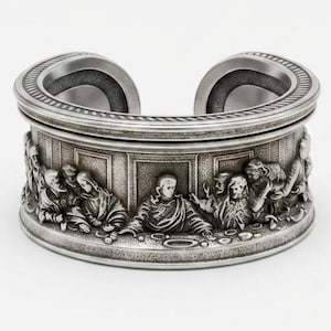 Anello da uomo regolabile in argento sterling 925 con l'immagine dell'Ultima Cena, gioiello cristiano.