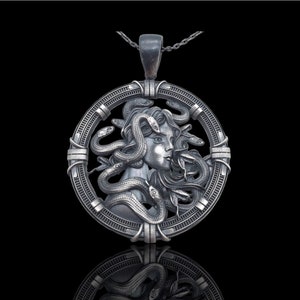 Oxidized Sterling Silver Medusa Pendant Necklace: Greek Mythology Jewelry