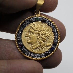 Roman Intaglio coin, Antique Coin Charm Necklace. Greek Coin, Gold Plated Coin Pendant, | 925 Silver